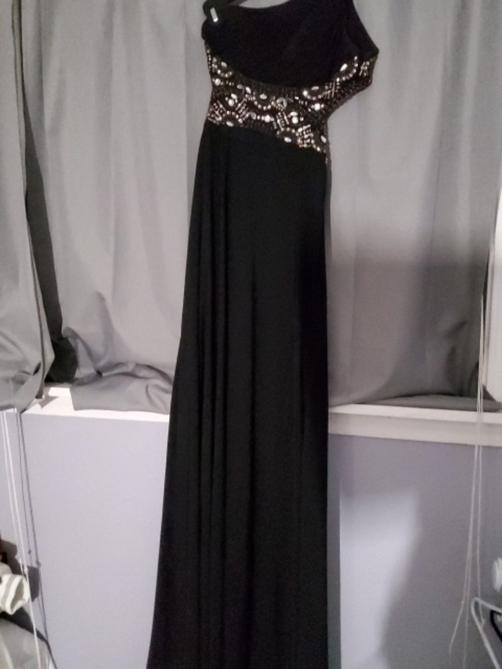 Black One-Shoulder Evening Gown with Beads - Picture 1 of 7